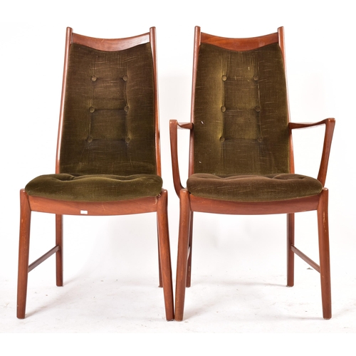 502 - A set of six Danish retro mid 20th century circa 1970s teak & velvet upholstered dining chairs. Each... 