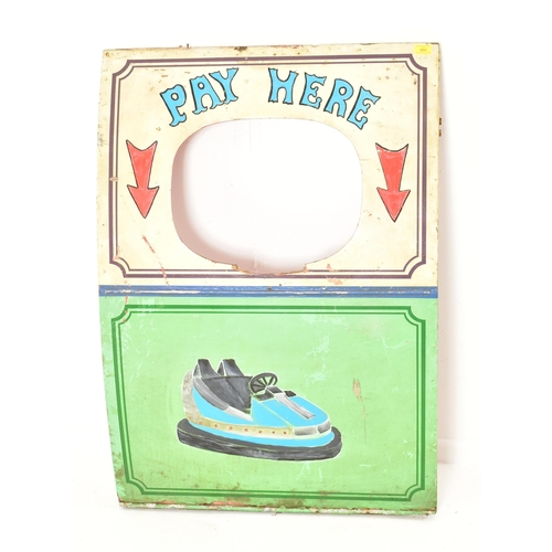 604 - Dodgems - A vintage 20th century fairground / funfair hand painted wooden pay booth panel. Painted i... 