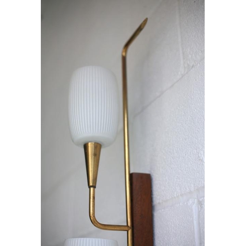 61 - A retro mid century 1950s triple French wall light. The light having a teak wall mount with shaped b... 