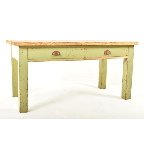 617 - A large vintage 20th century solid pine kitchen refectory farmhouse table. The table having pine pla... 