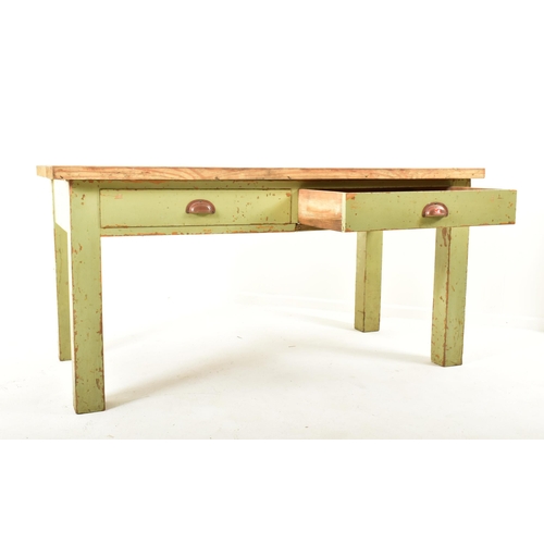 617 - A large vintage 20th century solid pine kitchen refectory farmhouse table. The table having pine pla... 