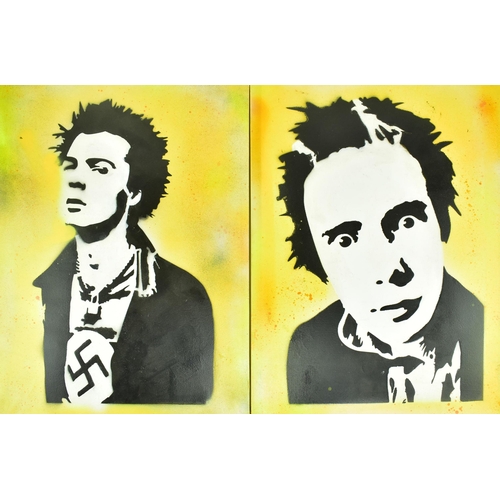 261 - David Hudson - Two contemporary stencil spray painting/ acrylic paintings of Sid Vicious of the Sex ... 