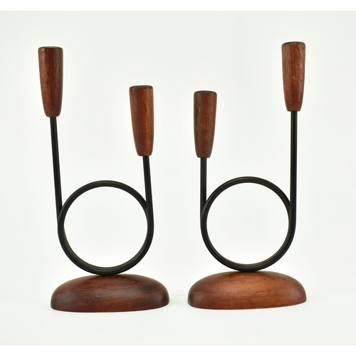 350 - Danish Modern Designs - A pair of vintage mid 20th century circa 1960s wood & iron Luthje candlestic... 