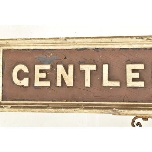 642 - An original 1930s railway station wooden sign reading ' Gentlemen '. Wooden rectangular sign with wh... 