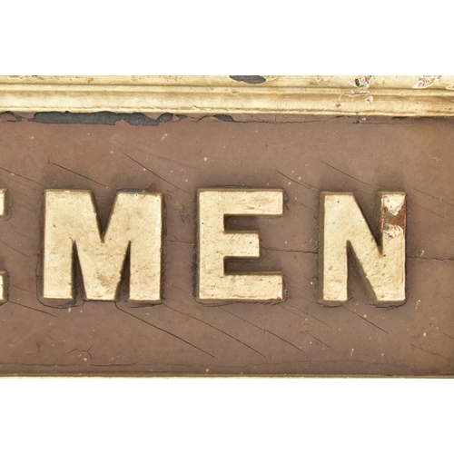 642 - An original 1930s railway station wooden sign reading ' Gentlemen '. Wooden rectangular sign with wh... 