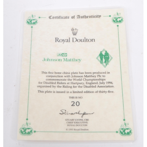 100 - A late 1990s fine bone china disabled horse riders plate by Royal Doulton. Produced in conjunction w... 