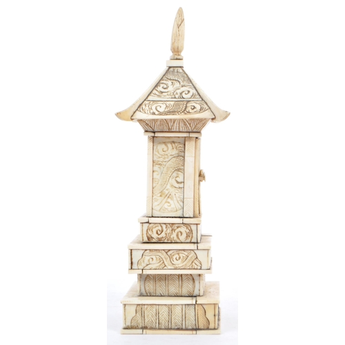 368 - A 19th century Meiji period bone carving of a Pagoda tiered tower. With intricate carved detail of f... 