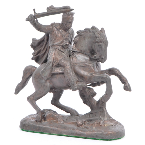 371 - An early 20th century spelter classical knight with sword on rearing horse model / figurine, raised ... 