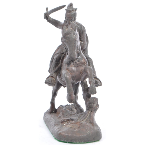 371 - An early 20th century spelter classical knight with sword on rearing horse model / figurine, raised ... 