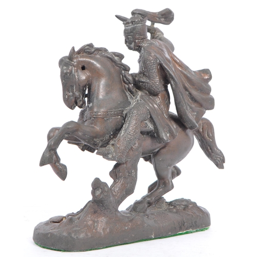 371 - An early 20th century spelter classical knight with sword on rearing horse model / figurine, raised ... 