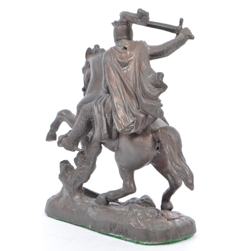 371 - An early 20th century spelter classical knight with sword on rearing horse model / figurine, raised ... 