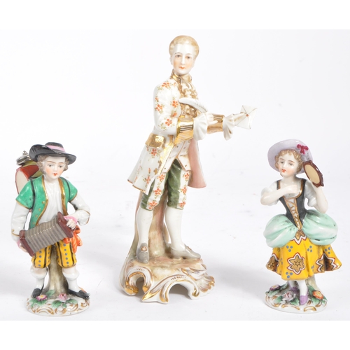 42 - A collection of three late 19th century continental (possibly German) porcelain figurines in the man... 