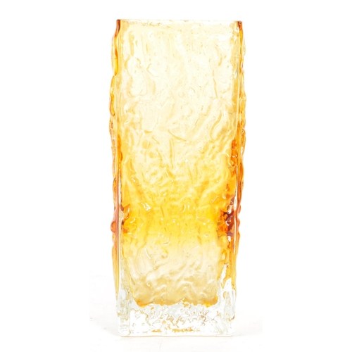 50 - A vintage mid 20th century Whitefriars studio art glass square vase. Having a mottled texture amber ... 