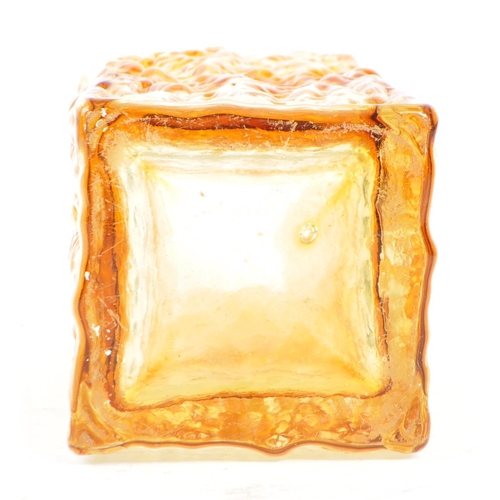 50 - A vintage mid 20th century Whitefriars studio art glass square vase. Having a mottled texture amber ... 