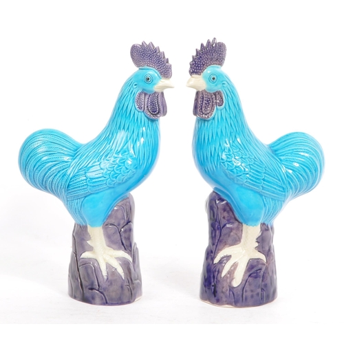 50a - Two mid 20th century Chinese porcelain hen poultry cockerel roosters. In a standing position atop a ... 