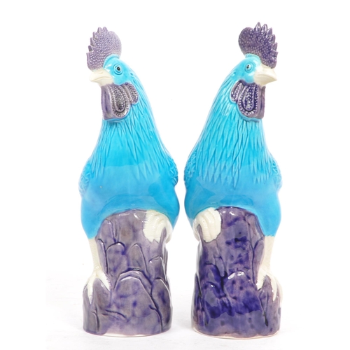 50a - Two mid 20th century Chinese porcelain hen poultry cockerel roosters. In a standing position atop a ... 