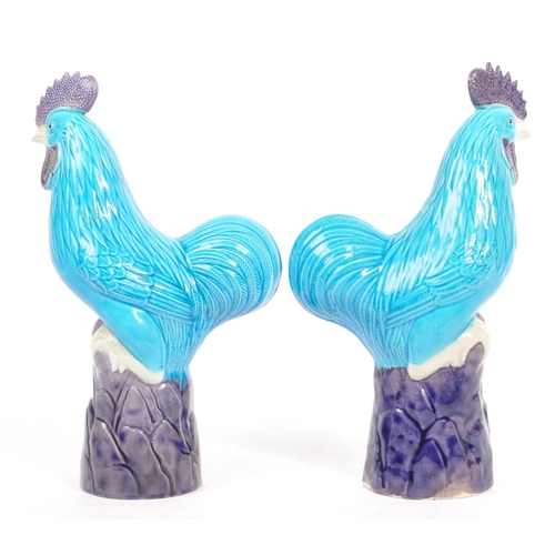 50a - Two mid 20th century Chinese porcelain hen poultry cockerel roosters. In a standing position atop a ... 