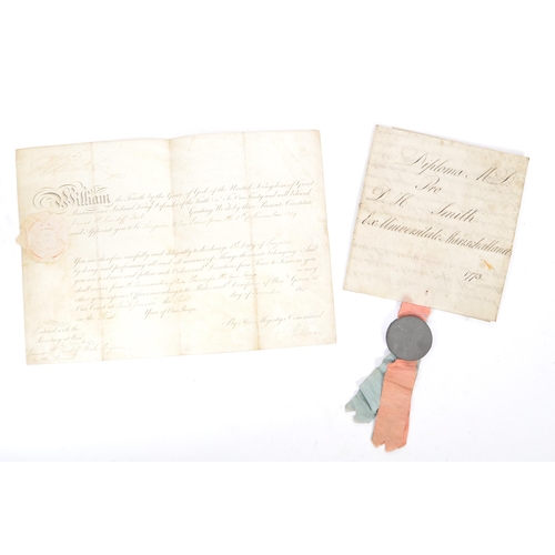 540 - A mid 18th century vellum indenture of diploma M. D. for D H Smith with cases wax seal dated 1773. T... 