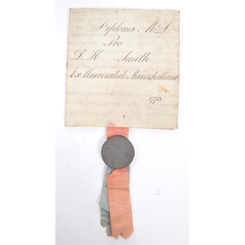 540 - A mid 18th century vellum indenture of diploma M. D. for D H Smith with cases wax seal dated 1773. T... 