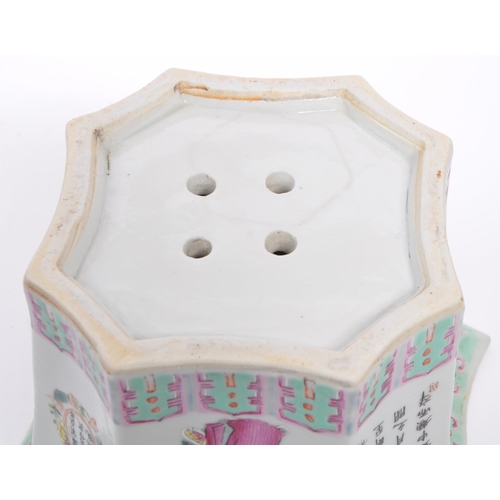 69 - A 1930s Chinese Oriental wooden bowl / planter having an hexagonal mouth rim over a hand painted bod... 