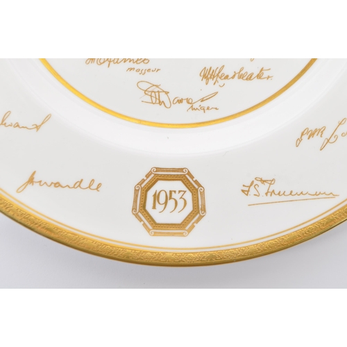 76 - A mid 20th century 1953 Royal Worcester commemorative The Ashes wall plate. The plate having white g... 