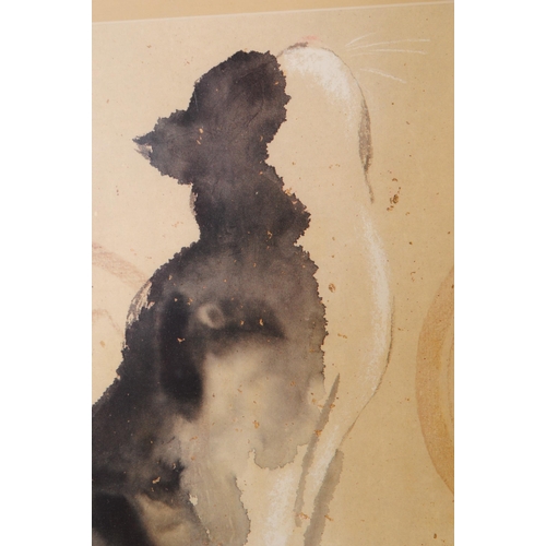 1041 - D. Chien - A 20th century Chinese print to depict a ink painting by D. Chien depicting a cat looking... 