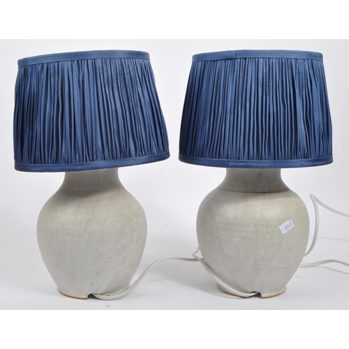 568 - A pair of contemporary continental pottery ceramic table desk lamp lights. With blue conical shades,... 