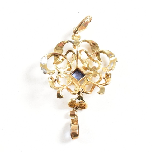 11 - An Edwardian 15ct gold enamel sapphire and pearl pendant. The pendant strung with a sapphire and pea... 