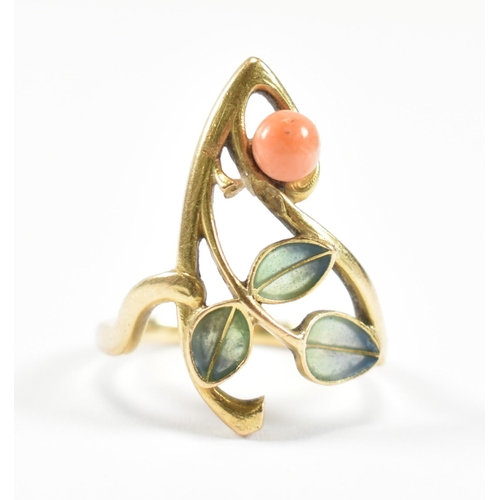 38 - A French Art Nouveau Plique--jour 18ct gold ring. The ring in floral spray form having blue to gree... 