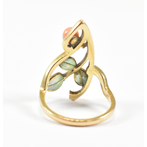 38 - A French Art Nouveau Plique--jour 18ct gold ring. The ring in floral spray form having blue to gree... 