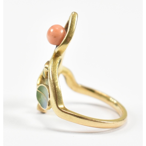 38 - A French Art Nouveau Plique--jour 18ct gold ring. The ring in floral spray form having blue to gree... 