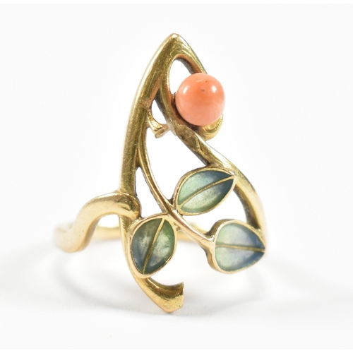 38 - A French Art Nouveau Plique--jour 18ct gold ring. The ring in floral spray form having blue to gree... 