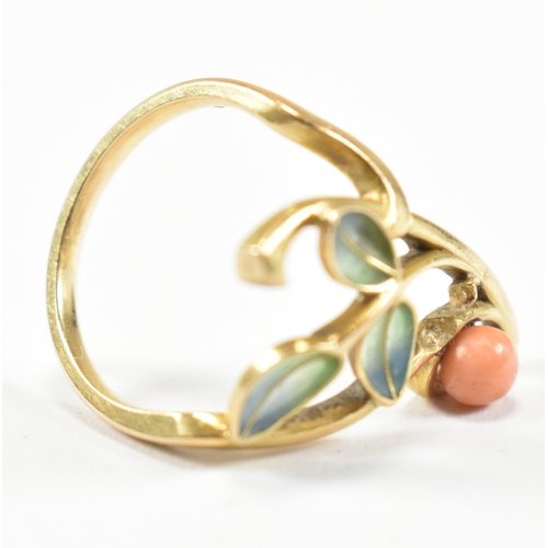 38 - A French Art Nouveau Plique--jour 18ct gold ring. The ring in floral spray form having blue to gree... 