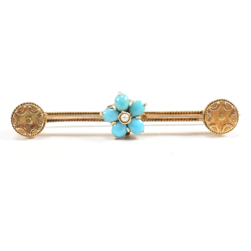 39 - A Victorian 9ct gold turquoise and pearl cluster brooch pin.ÿ Weight marked W.G 9c. Weight 2.9g. Mea... 