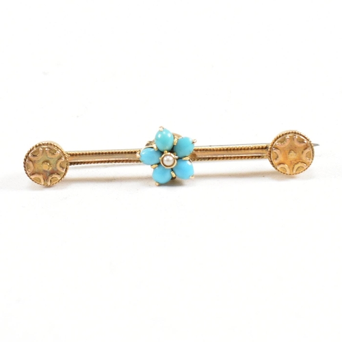 39 - A Victorian 9ct gold turquoise and pearl cluster brooch pin.ÿ Weight marked W.G 9c. Weight 2.9g. Mea... 