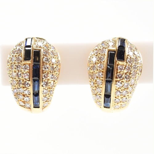 5 - A pair of Art Deco style sapphire and diamond earrings. The earrings having pav set single cut diam... 