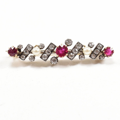 8 - An early 20th century ruby, diamond and pearl brooch pin. Principle ruby measures 4.6mm x 4.2mm x 2.... 