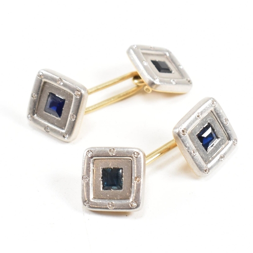 9 - A pair of Art Deco sapphire and diamond cufflinks. Unmarked tests indicate gold. Weight 15.3g. Measu... 