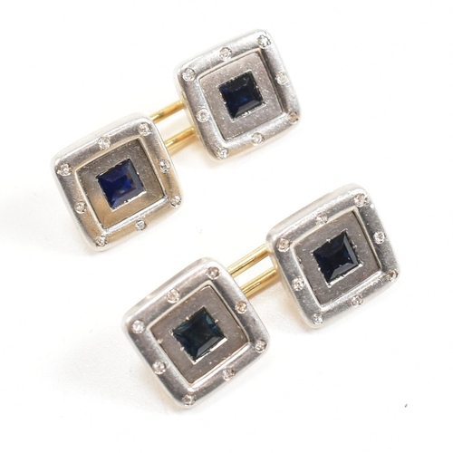 9 - A pair of Art Deco sapphire and diamond cufflinks. Unmarked tests indicate gold. Weight 15.3g. Measu... 