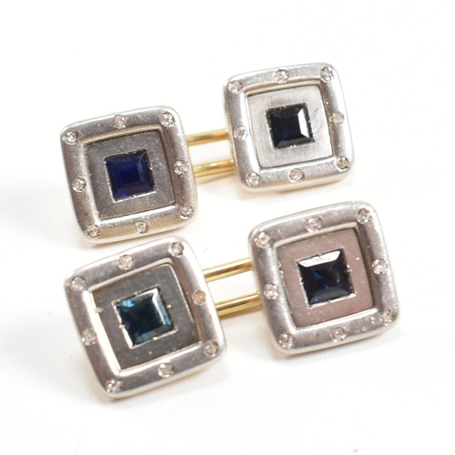 9 - A pair of Art Deco sapphire and diamond cufflinks. Unmarked tests indicate gold. Weight 15.3g. Measu... 