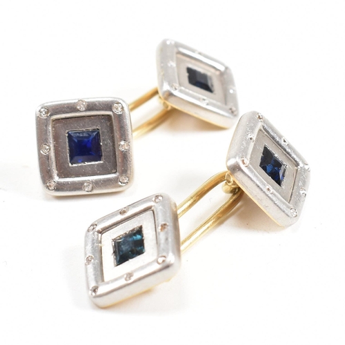 9 - A pair of Art Deco sapphire and diamond cufflinks. Unmarked tests indicate gold. Weight 15.3g. Measu... 