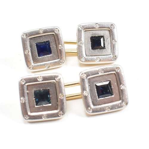 9 - A pair of Art Deco sapphire and diamond cufflinks. Unmarked tests indicate gold. Weight 15.3g. Measu... 