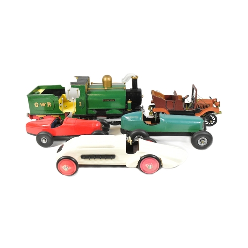 107 - A collection of hand made scratch built wooden cars along with a GWR ' Little Gem ' locomotive. Car ... 