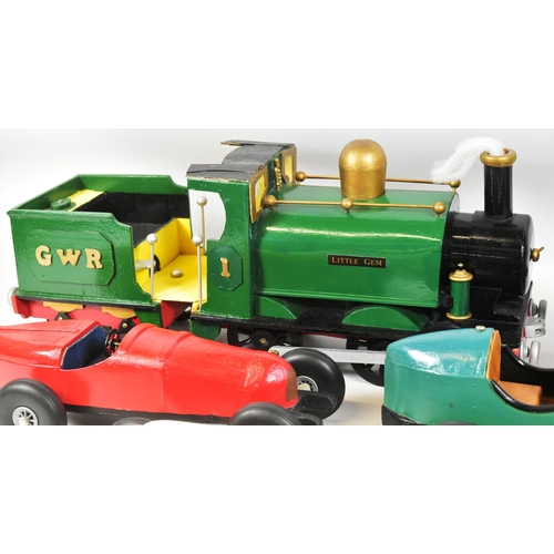 107 - A collection of hand made scratch built wooden cars along with a GWR ' Little Gem ' locomotive. Car ... 