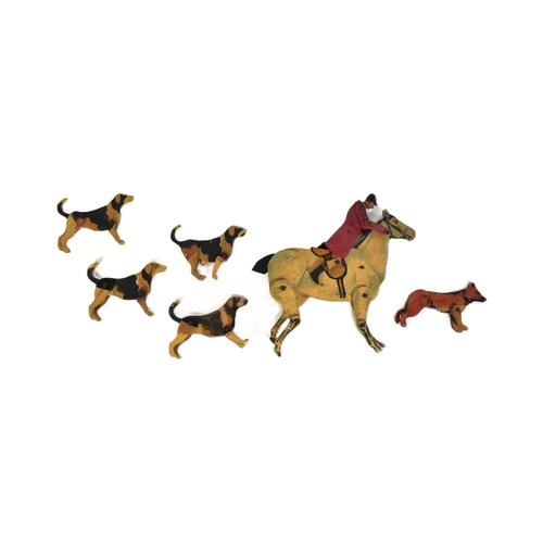 7 - A collection of Victorian hand made wooden horse and hound figures comprising the fox, x4 houndS and... 