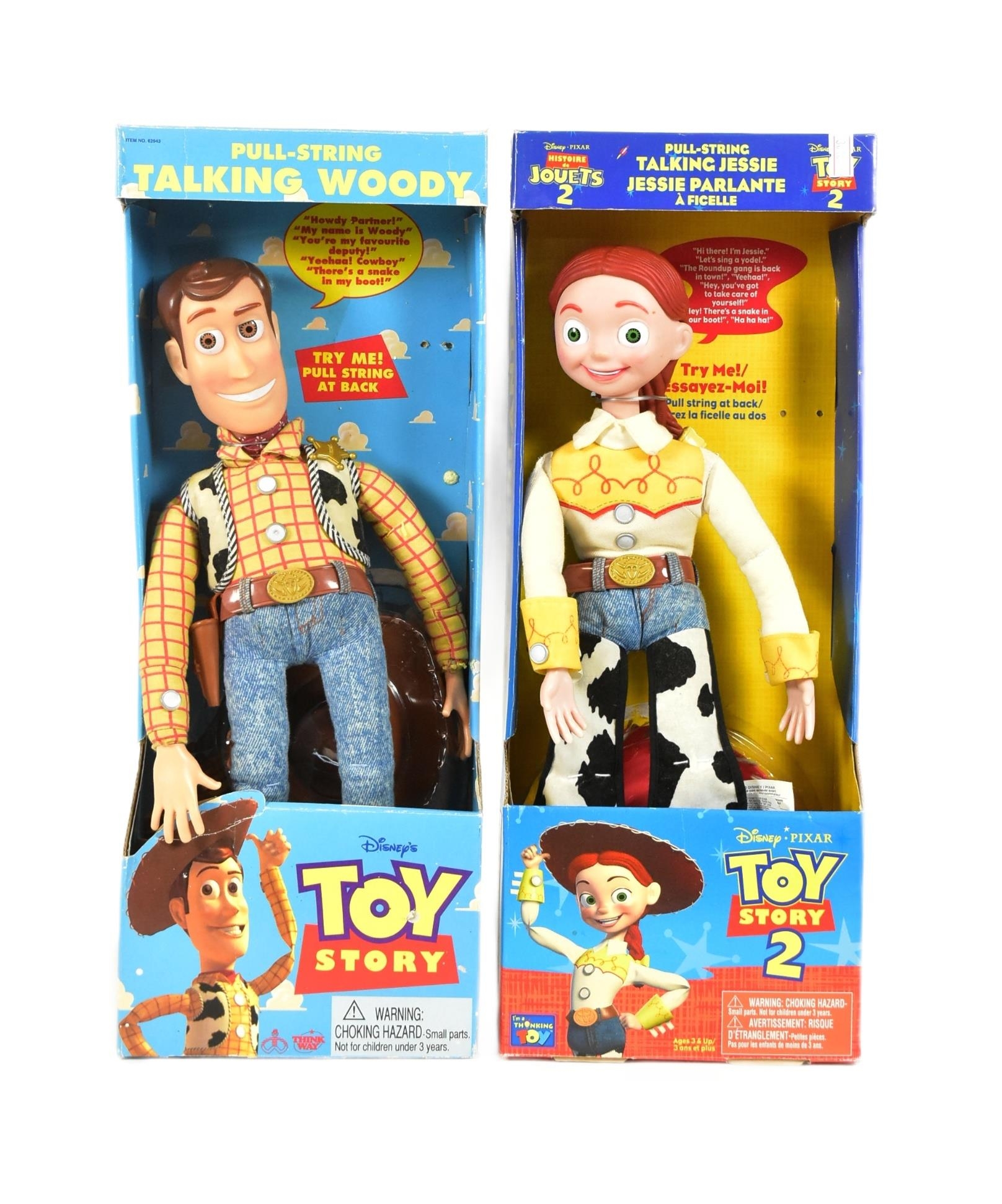 Toy Story x2 original Thinkway Toys made Woody Jessie pull string talking action figures. Boxed