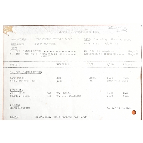 670 - Star Wars - The Empire Strikes Back (1980) - an original production used call sheet from the movie. ... 