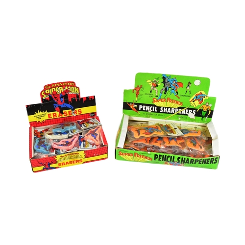 795 - Marvel / DC - x2 vintage c1980s counter top display stock boxes, comprising ' Super Friends Pencil S... 