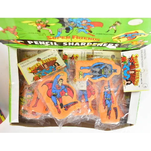 795 - Marvel / DC - x2 vintage c1980s counter top display stock boxes, comprising ' Super Friends Pencil S... 