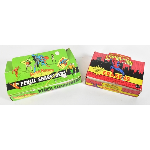 795 - Marvel / DC - x2 vintage c1980s counter top display stock boxes, comprising ' Super Friends Pencil S... 